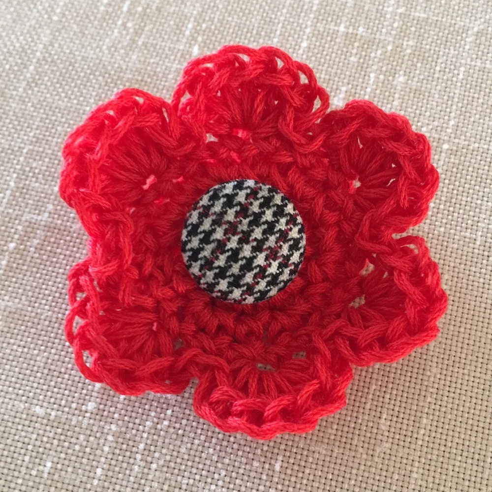 Hand Crafted Flower Lapel Pin Red Cotton Crochet Vintage Button